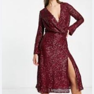 New ASOS Faux Wrap Sequin Midi Dress Burgundy V-Neck Size 2